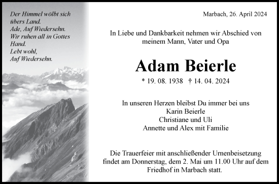 Traueranzeige von Adam Beierle von Marbacher Zeitung