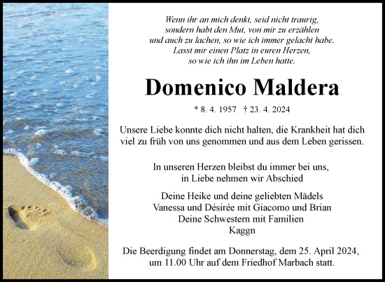 Traueranzeige von Domenico Maldera von Marbacher Zeitung