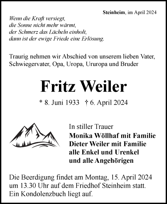 Traueranzeige von Fritz Weiler von Marbacher Zeitung