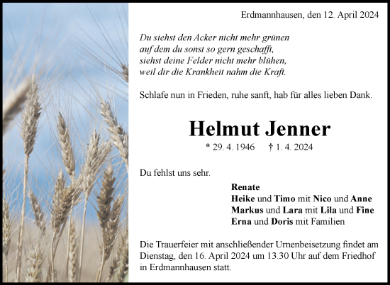 Traueranzeige von Helmut Jenner von Marbacher Zeitung