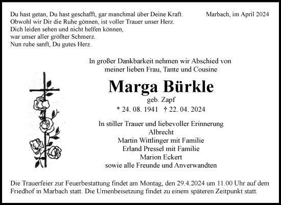 Traueranzeige von Marga Bürkle von Marbacher Zeitung