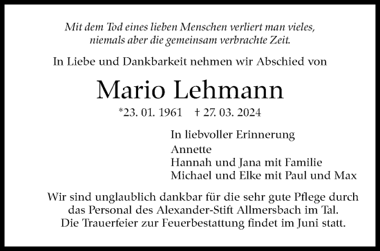 Traueranzeige von Mario Lehmann von Marbacher Zeitung