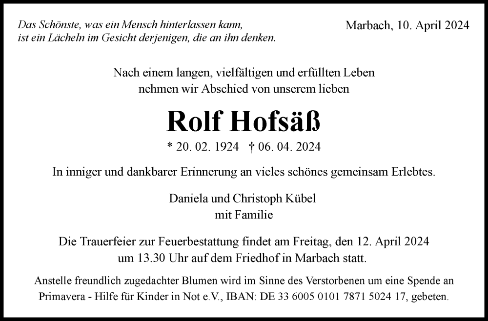  Traueranzeige für Rolf Hofsäß vom 10.04.2024 aus Marbacher Zeitung