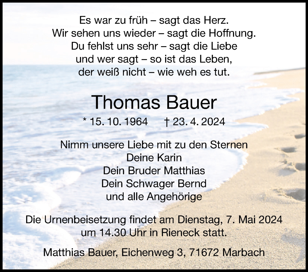  Traueranzeige für Thomas Bauer vom 29.04.2024 aus Marbacher Zeitung