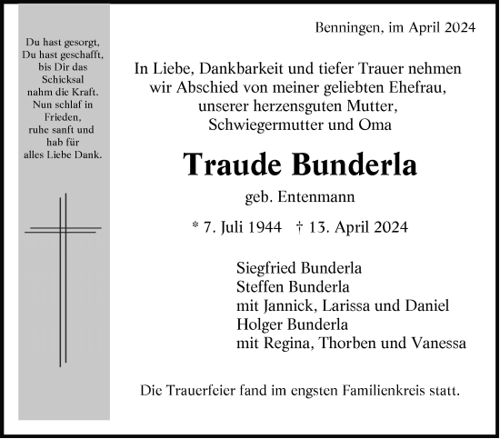 Traueranzeige von Traude Bunderla von Marbacher Zeitung