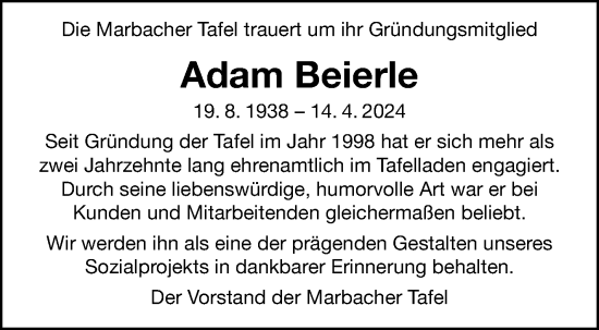 Traueranzeige von Adam Beierle von Marbacher Zeitung