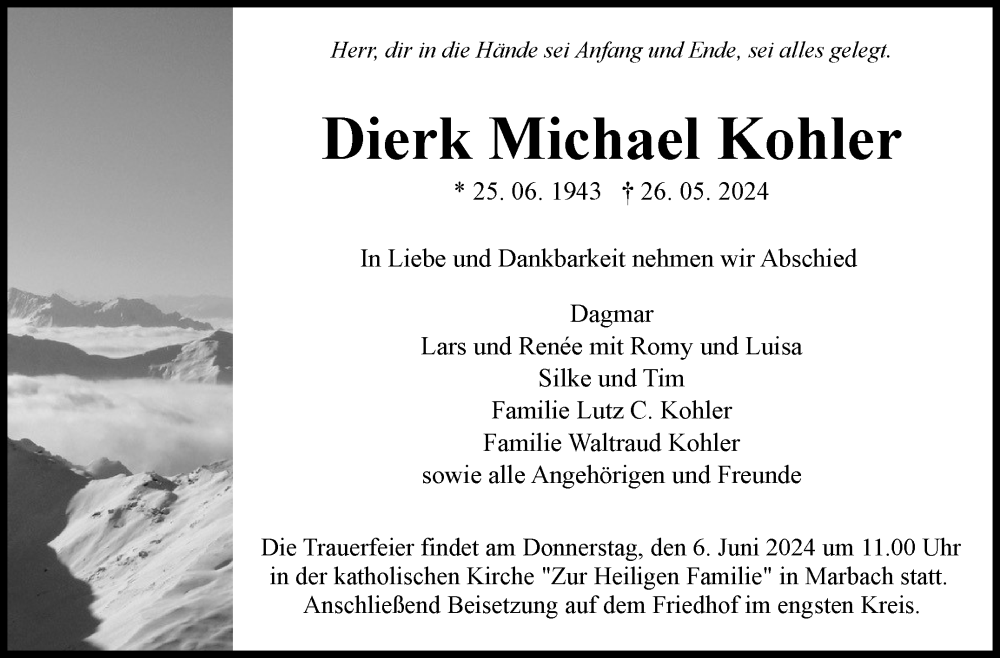  Traueranzeige für Dierk Michael Kohler vom 31.05.2024 aus Marbacher Zeitung