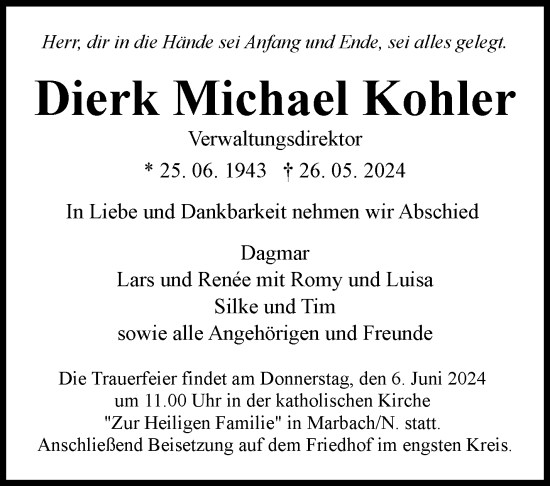 Traueranzeige von Dierk Michael Kohler von Marbacher Zeitung