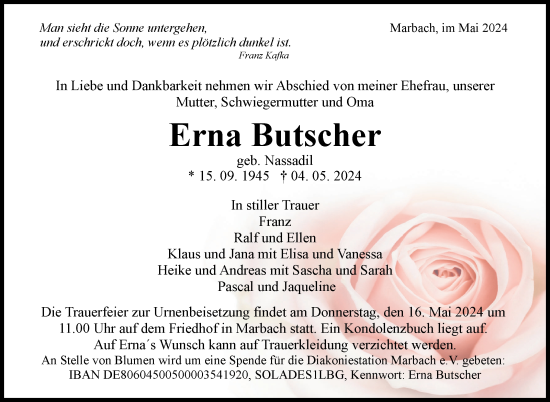Traueranzeige von Erna Butscher von Marbacher Zeitung
