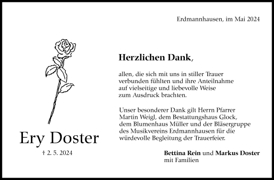 Traueranzeige von Ery Doster von Marbacher Zeitung