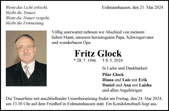 Traueranzeige von Fritz Glock von Marbacher Zeitung