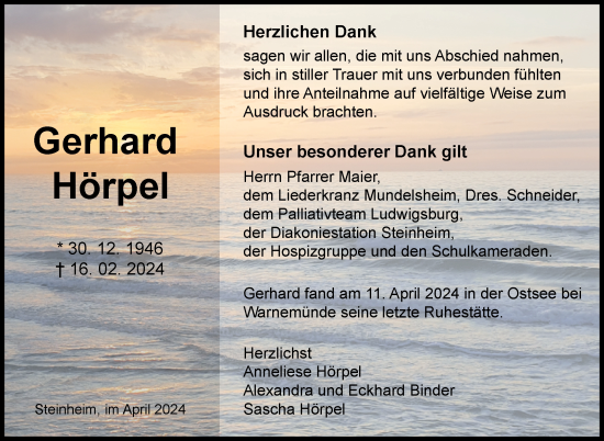 Traueranzeige von Gerhard Hörpel von Marbacher Zeitung