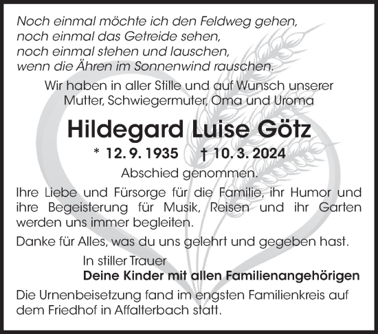 Traueranzeige von Hildegard Luise Götz von Marbacher Zeitung