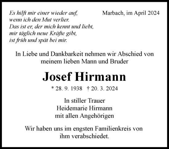 Traueranzeige von Josef Hirmann von Marbacher Zeitung