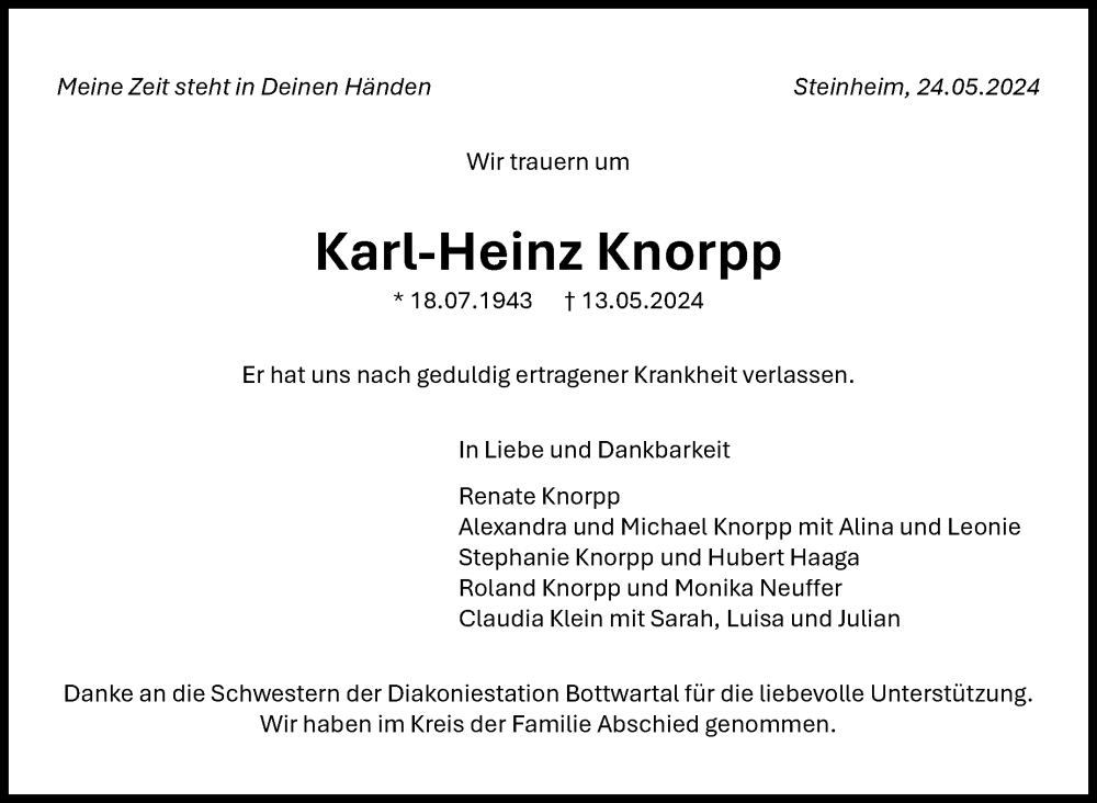  Traueranzeige für Karl-Heinz Knorpp vom 24.05.2024 aus Marbacher Zeitung