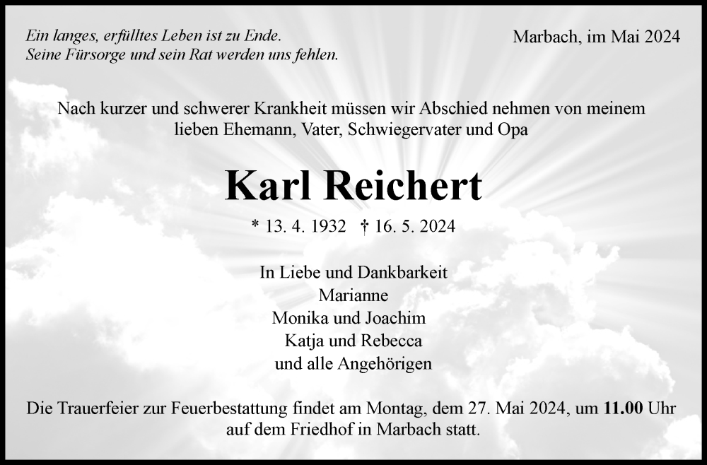  Traueranzeige für Karl Reichert vom 23.05.2024 aus Marbacher Zeitung