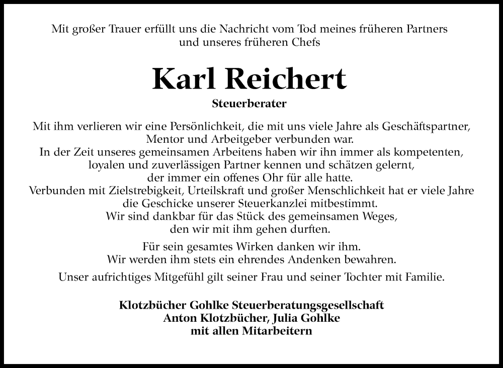  Traueranzeige für Karl Reichert vom 27.05.2024 aus Marbacher Zeitung