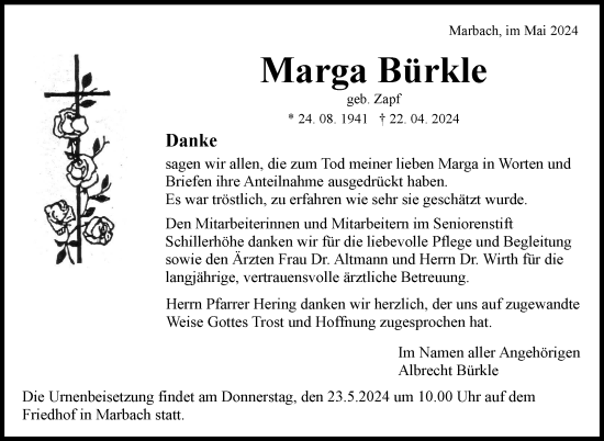 Traueranzeige von Marga Bürkle von Marbacher Zeitung