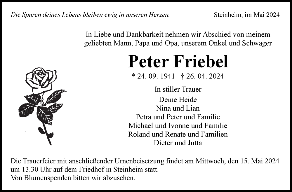  Traueranzeige für Peter Friebel vom 13.05.2024 aus Marbacher Zeitung