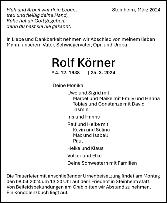 Traueranzeige von Rolf Körner von Marbacher Zeitung
