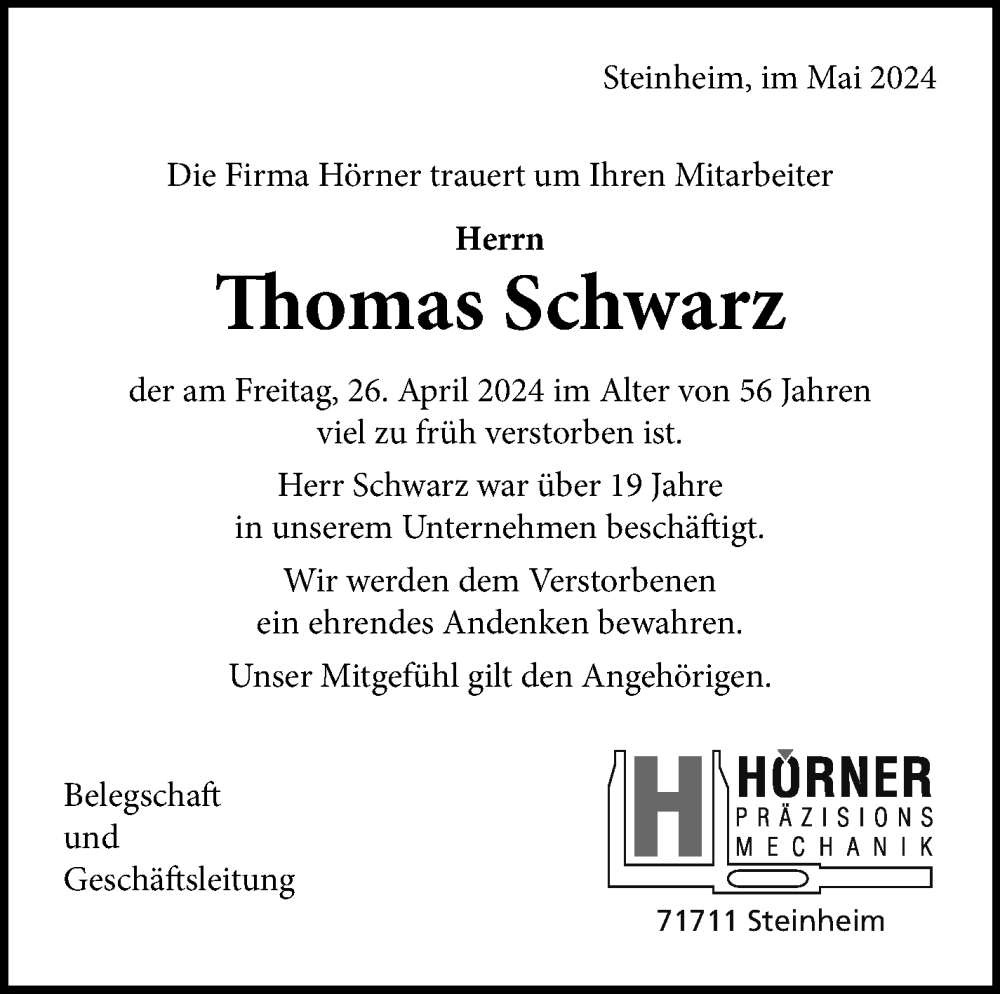  Traueranzeige für Thomas Schwarz vom 15.05.2024 aus Marbacher Zeitung
