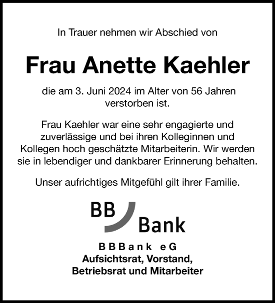 Traueranzeige von Anette Kaehler von Marbacher Zeitung