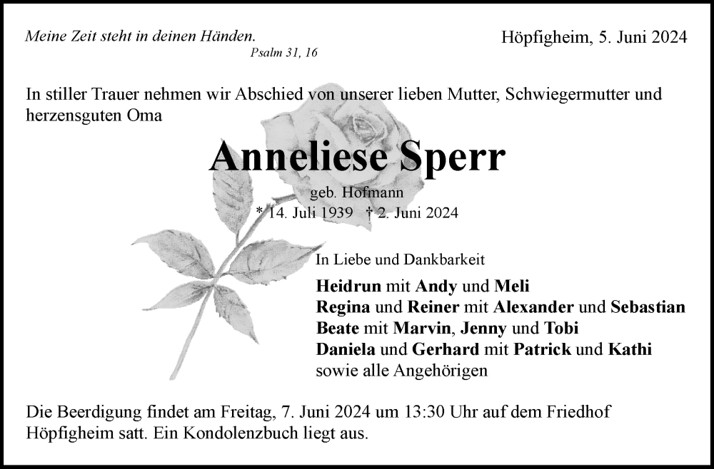  Traueranzeige für Anneliese Sperr vom 05.06.2024 aus Marbacher Zeitung