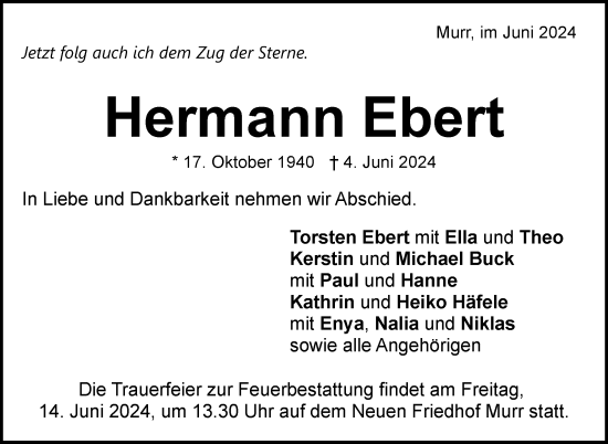 Traueranzeige von Hermann Ebert von Marbacher Zeitung