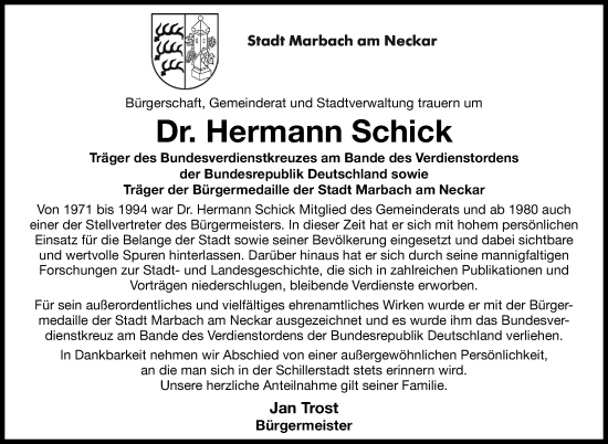 Traueranzeige von Hermann Schick von Marbacher Zeitung