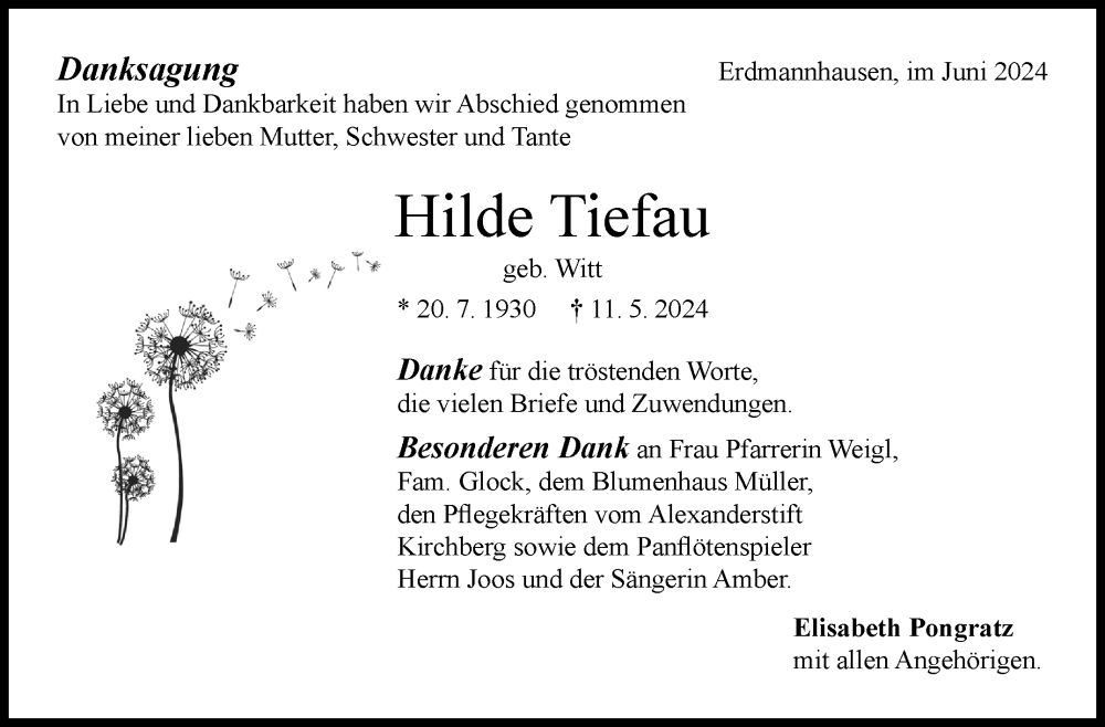  Traueranzeige für Hilde Tiefau vom 13.06.2024 aus Marbacher Zeitung