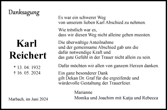 Traueranzeige von Karl Reichert von Marbacher Zeitung