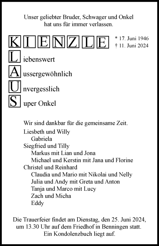 Traueranzeige von Klaus Kienzle von Marbacher Zeitung