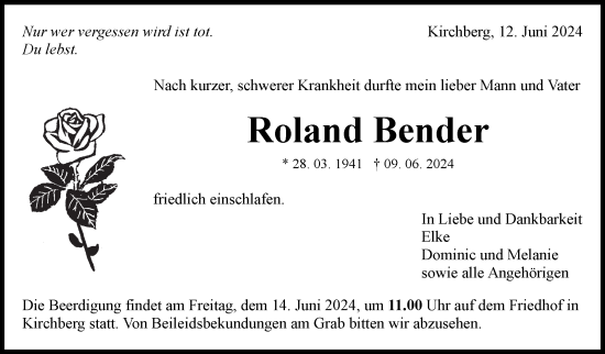 Traueranzeige von Roland Bender von Marbacher Zeitung