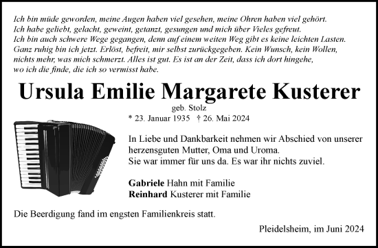 Traueranzeige von Ursula Kusterer von Marbacher Zeitung