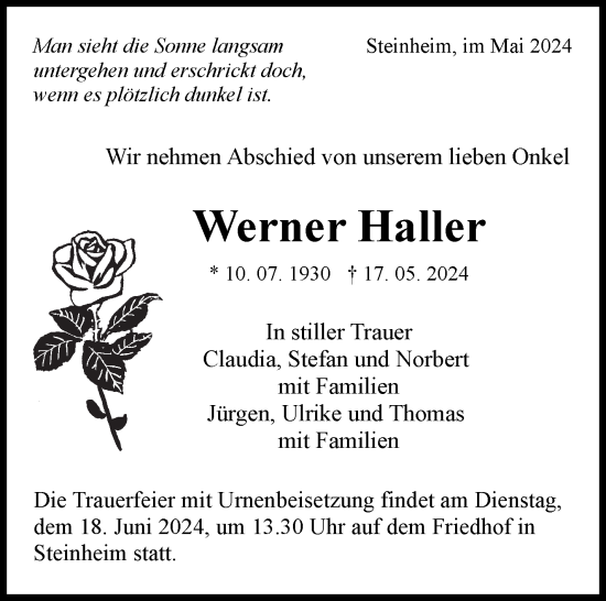 Traueranzeige von Werner Haller von Marbacher Zeitung