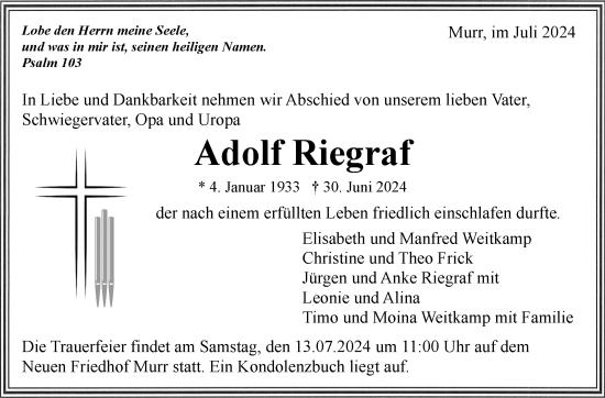 Traueranzeige von Adolf Riegraf von Marbacher Zeitung