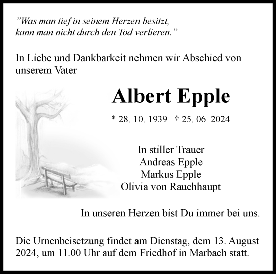 Traueranzeige von Albert Epple von Marbacher Zeitung
