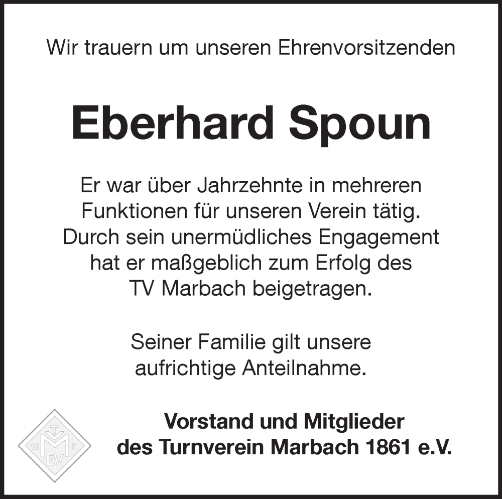  Traueranzeige für Eberhard Spoun vom 08.07.2024 aus Marbacher Zeitung