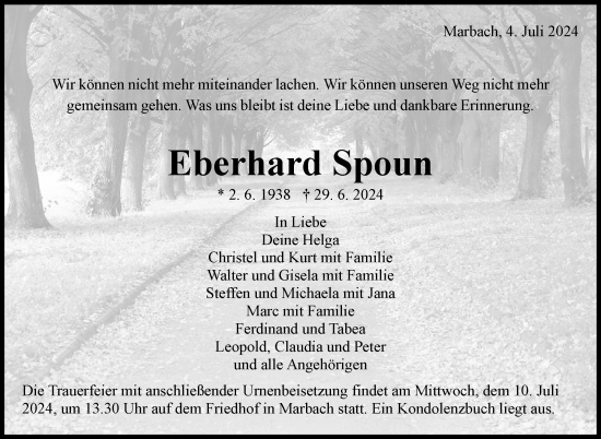 Traueranzeige von Eberhard Spoun von Marbacher Zeitung