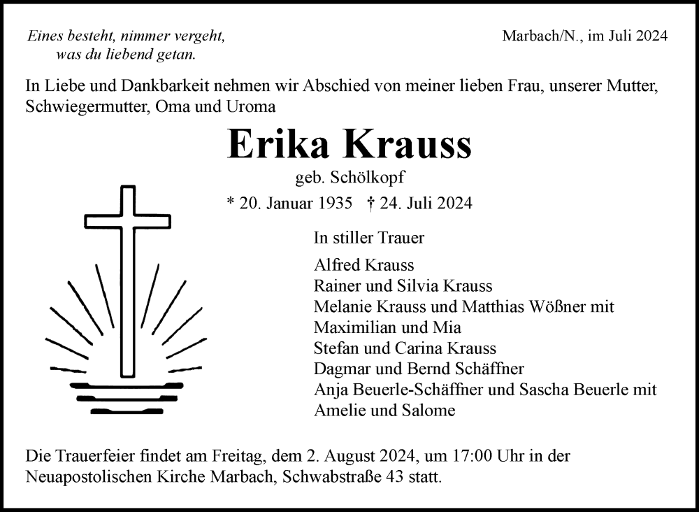  Traueranzeige für Erika Krauss vom 30.07.2024 aus Marbacher Zeitung