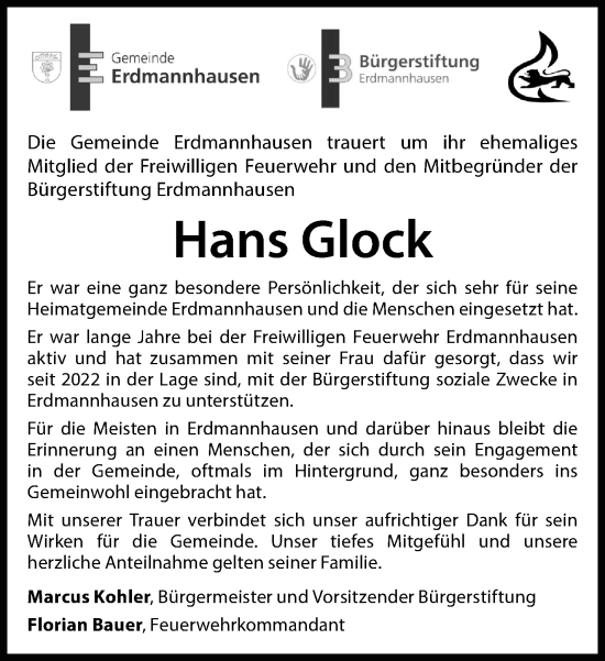 Traueranzeige von Hans Glock von Marbacher Zeitung