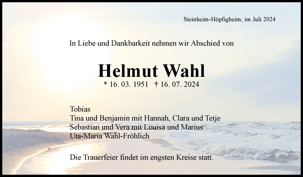  Traueranzeige für Helmut Wahl vom 29.07.2024 aus Marbacher Zeitung