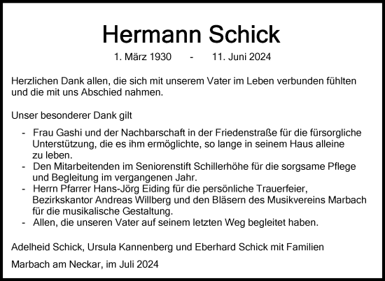 Traueranzeige von Hermann Schick von Marbacher Zeitung