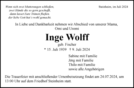 Traueranzeige von Inge Wolff von Marbacher Zeitung