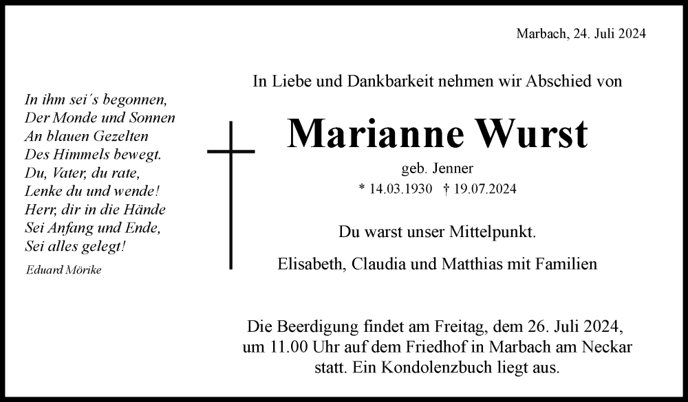  Traueranzeige für Marianne Wurst vom 24.07.2024 aus Marbacher Zeitung