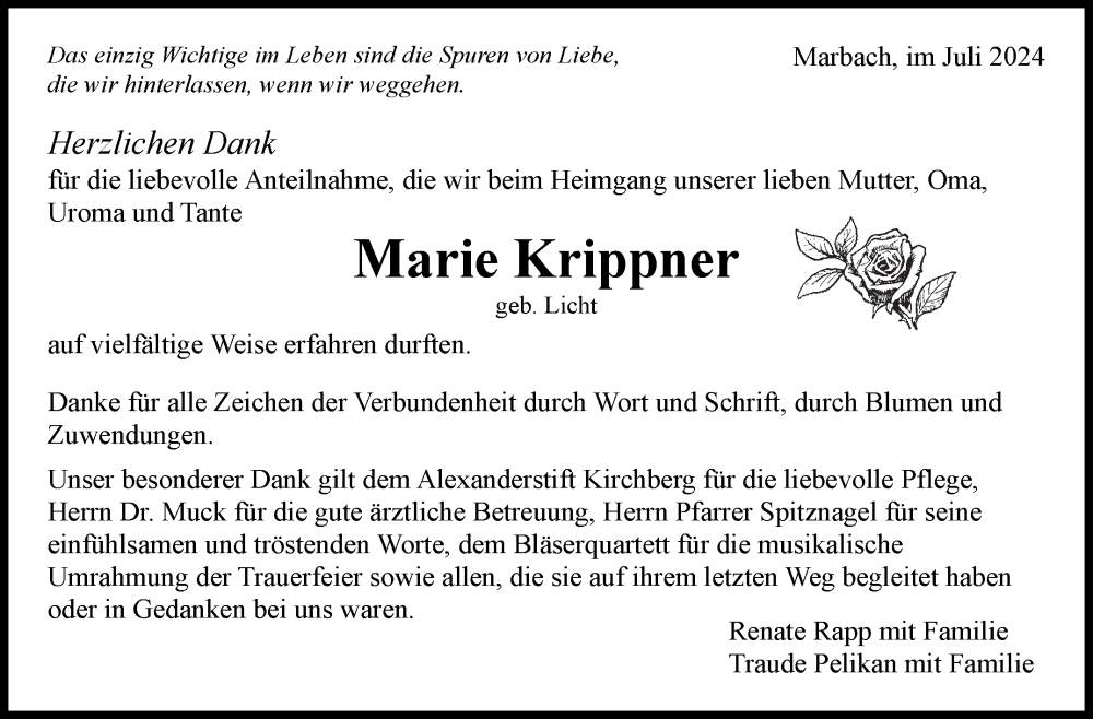  Traueranzeige für Marie Krippner vom 23.07.2024 aus Marbacher Zeitung
