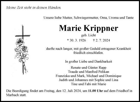 Traueranzeige von Marie Krippner von Marbacher Zeitung