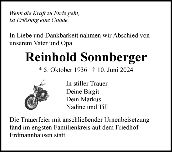 Traueranzeige von Reinhold Sonnberger von Marbacher Zeitung