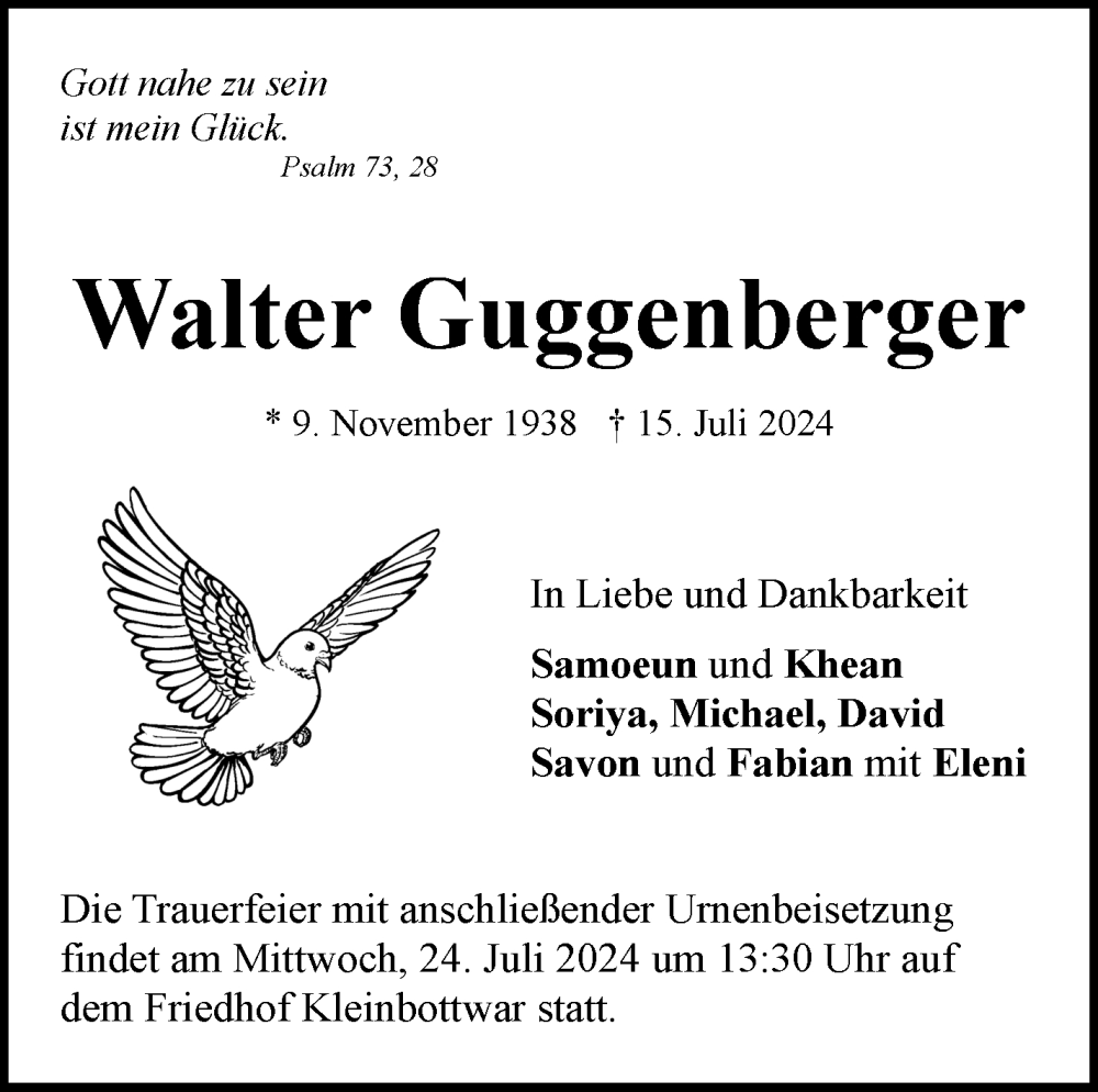  Traueranzeige für Walter Guggenberger vom 19.07.2024 aus Marbacher Zeitung