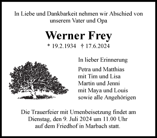 Traueranzeige von Werner Frey von Marbacher Zeitung